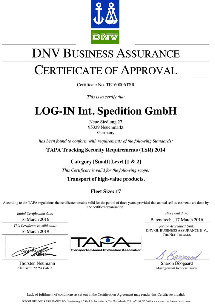CERT LOG-IN TSR 2014 Certificate LOG-IN Int. Spedition GmbH
